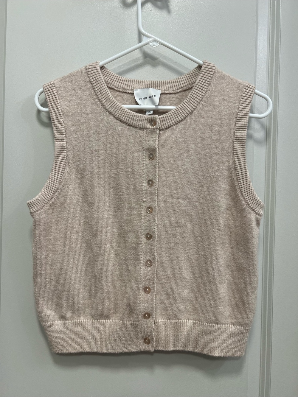 Pink Rose Button-Front Knit Vest in Light Beige